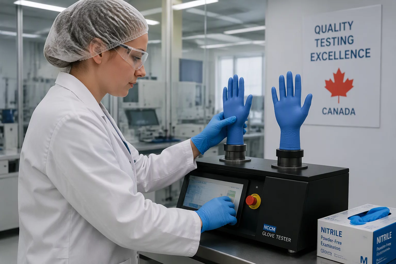 Laboratory technician inspecting glove elasticity and barrier integrity